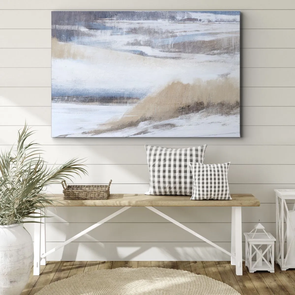 Tablou pe pânză Canvas - Peisaj abstract de iarnă în nuanțe de alb și albastru - 70x50cm - Compoziție de iarnă - Decorațiune modernă pentru perete pentru living și dormitor ARTTOR