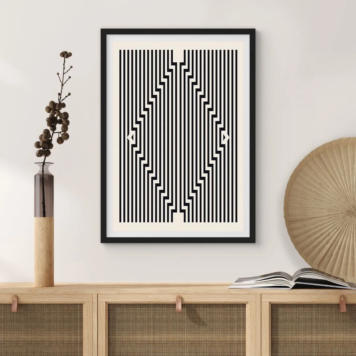Poster în ramă neagră - Linii albe și negre care creează o iluzie optică - 50x70cm - Iluzie geometrică - Decorațiune modernă pentru perete pentru living și dormitor ARTTOR