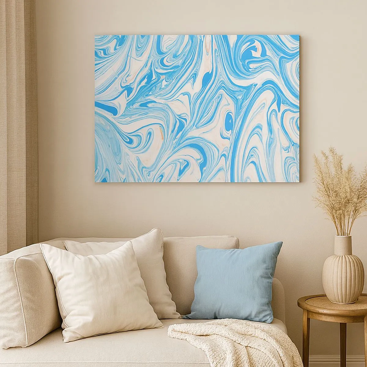 Tablou pe pânză Canvas - Vârtejuri abstracte în stil marmoră albastră și albă - 70x50cm - Splash în turcoaz - Decorațiune modernă pentru perete pentru living și dormitor ARTTOR