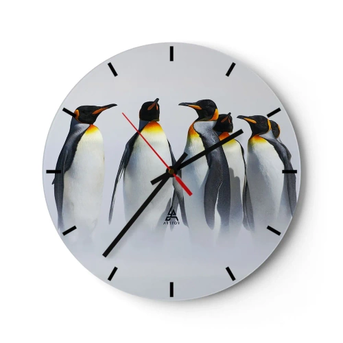 Ceas de perete - Ceas pe sticlă - Un grup de pinguini pe fundalul ceții - 30x30cm - Întâlnire în rochie de seară - Decorațiune modernă pentru perete pentru living, bucătărie și dormitor ARTTOR