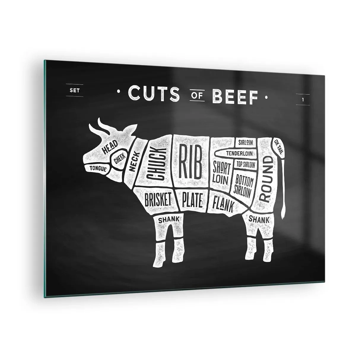 Tablou pe sticlă - Diagrama tăierii de vită pe o tablă neagră - 70x50cm - Abecedar de măcelar - Decorațiune modernă pentru perete pentru living și dormitor ARTTOR