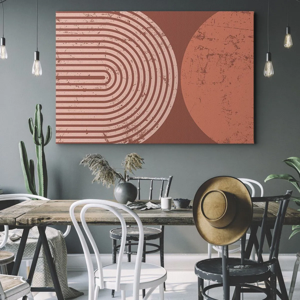 Tablou pe pânză Canvas - Modele geometrice în nuanțe de teracotă pe un fundal vintage - 70x50cm - Relație strânsă - Decorațiune modernă pentru perete pentru living și dormitor ARTTOR