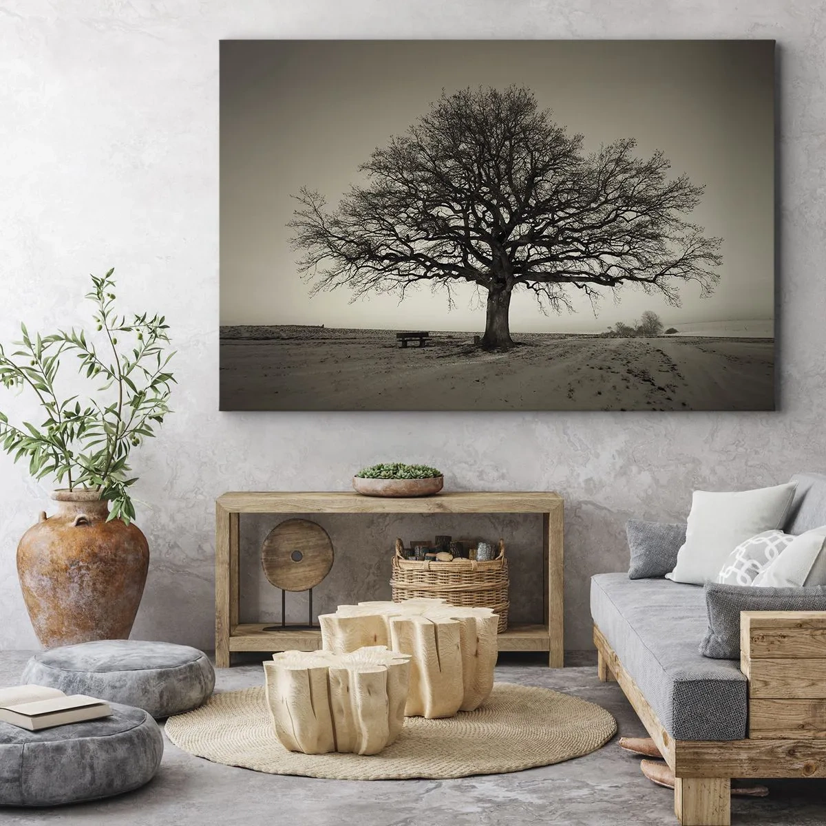 Tablou pe pânză Canvas - Un copac singuratic într-un câmp sepia - 70x50cm - De aici până în veșnicie - Decorațiune modernă pentru perete pentru living și dormitor ARTTOR