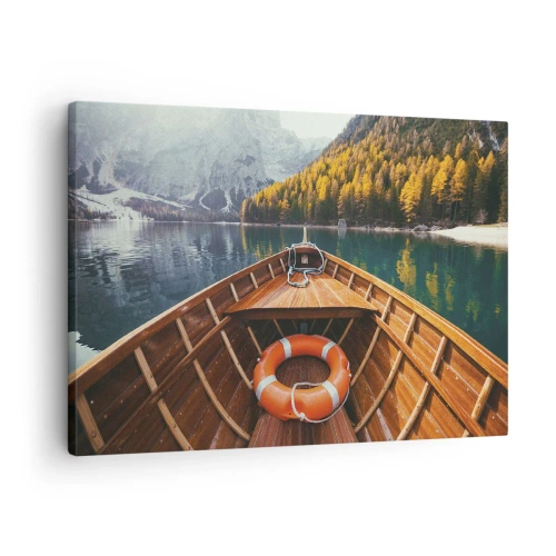 Tablou pe pânză Canvas - O barcă de lemn pe un lac de munte înconjurat de pădure - 70x50cm - Excursie pe munte - Decorațiune modernă pentru perete pentru living și dormitor ARTTOR