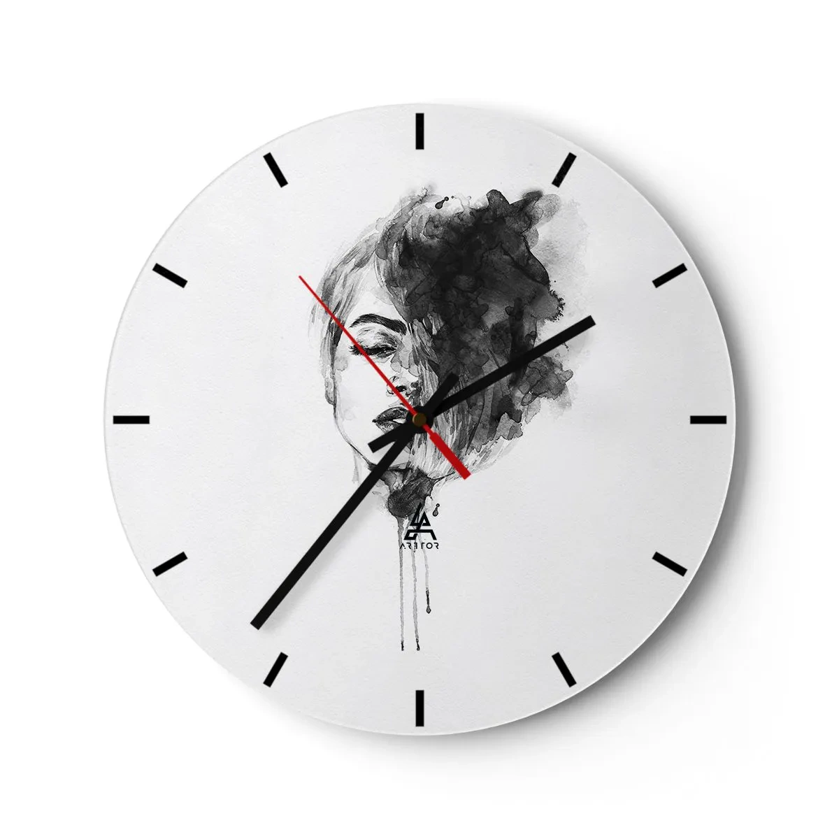 Ceas de perete - Ceas pe sticlă - Pictură în acuarelă alb-negru a feței unei femei cu efect de fum - 30x30cm - La ce visează frumoasa - Decorațiune modernă pentru perete pentru living, bucătărie și dormitor ARTTOR