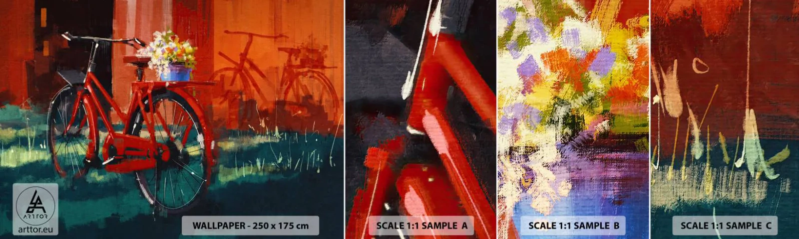 Mostră tapet autocolant Deluxe Sticker - I want to ride my bicycle - Bicicleta de epocă, Flori în ghiveci, excursie - 100x30 cm