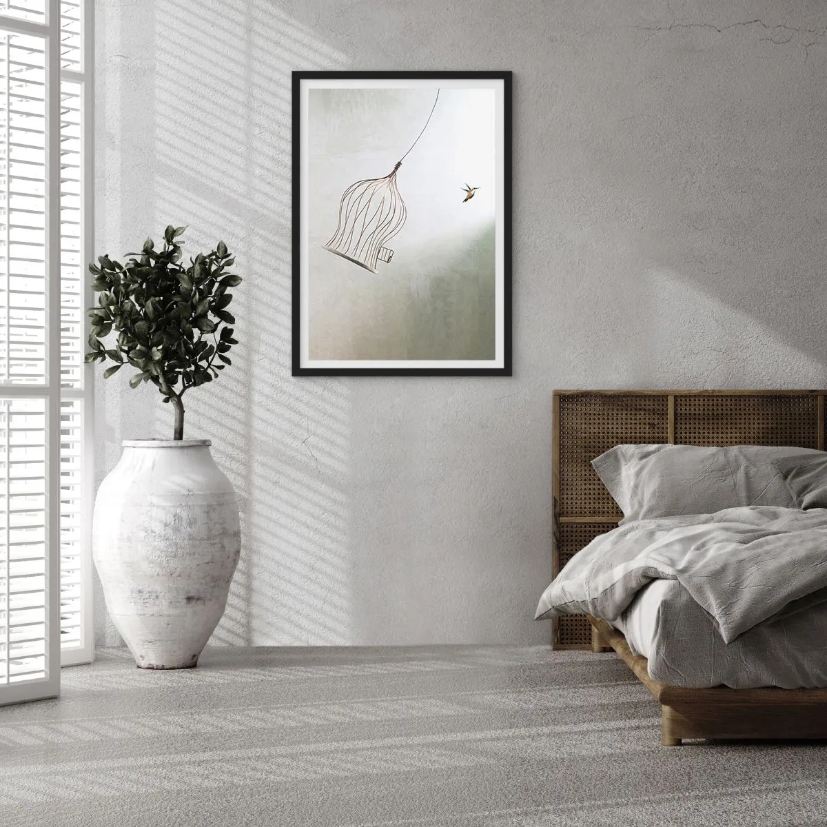 Poster în ramă neagră - O pasăre ieșind din colivia sa într-un stil minimalist. - 50x70cm - Eliberat - Decorațiune modernă pentru perete pentru living și dormitor ARTTOR