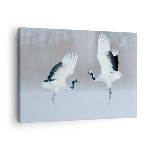 Tablou pe pânză Canvas - Două cocori dansând într-un peisaj cețos - 70x50cm - Dansând în ceață - Decorațiune modernă pentru perete pentru living și dormitor ARTTOR