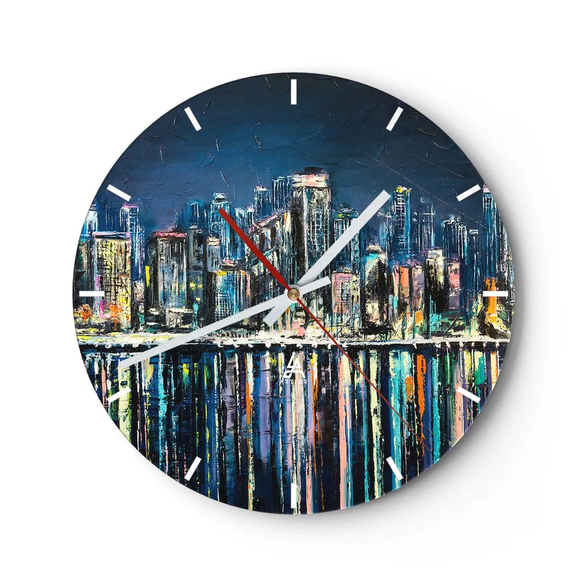 Ceas de perete - Ceas pe sticlă - Panoramă nocturnă a orașului cu reflexii de lumină pe apă - 30x30cm - Cascadă de lumini - Decorațiune modernă pentru perete pentru living, bucătărie și dormitor ARTTOR