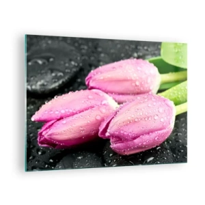 Tablou pe sticlă - Trei lalele roz acoperite cu picături de apă pe un fundal negru. - 70x50cm - Pe piatră neagră - Decorațiune modernă pentru perete pentru living și dormitor ARTTOR