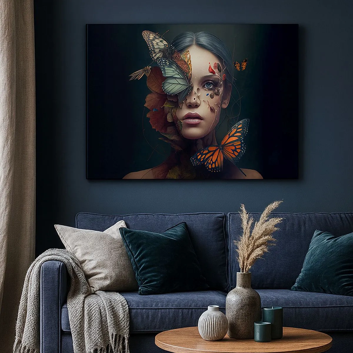 Tablou pe pânză Canvas - Portret de femeie cu fluturi și elemente vegetale - 70x50cm - Transformare minunată - Decorațiune modernă pentru perete pentru living și dormitor ARTTOR