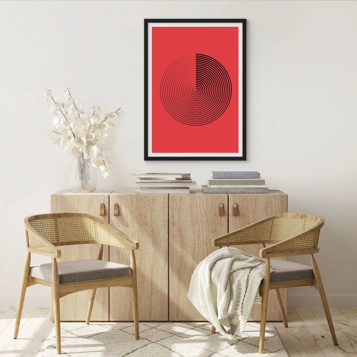 Poster în ramă neagră - Spirală geometrică pe fundal roșu în stil minimalist - 50x70cm - Mișcare circulară - Decorațiune modernă pentru perete pentru living și dormitor ARTTOR