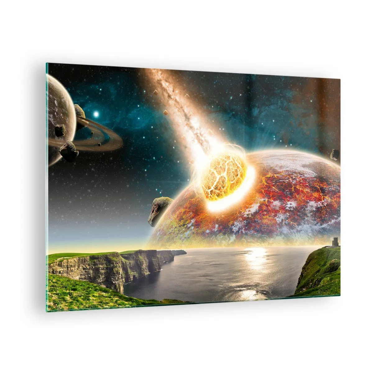 Tablou pe sticlă - Un meteorit se ciocnește cu o planetă în spațiu. - 70x50cm - Drama spațială - Decorațiune modernă pentru perete pentru living și dormitor ARTTOR