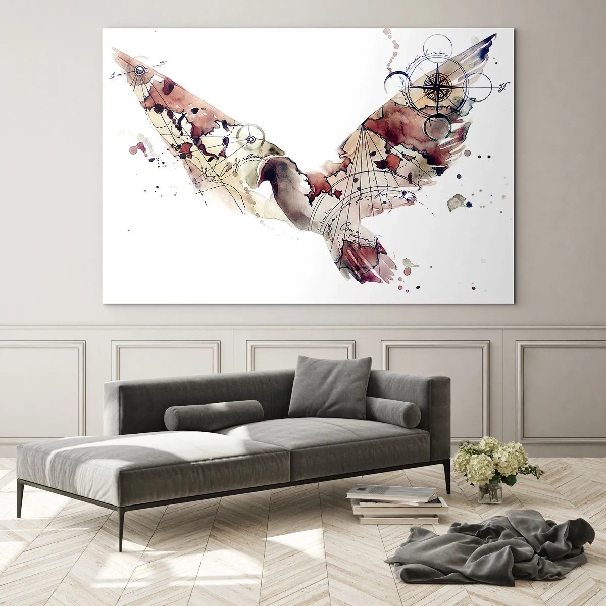 Tablou pe sticlă - Aripi în stil artistic abstract pe fundal alb - 70x50cm - Vagabondul cu capul în nori - Decorațiune modernă pentru perete pentru living și dormitor ARTTOR