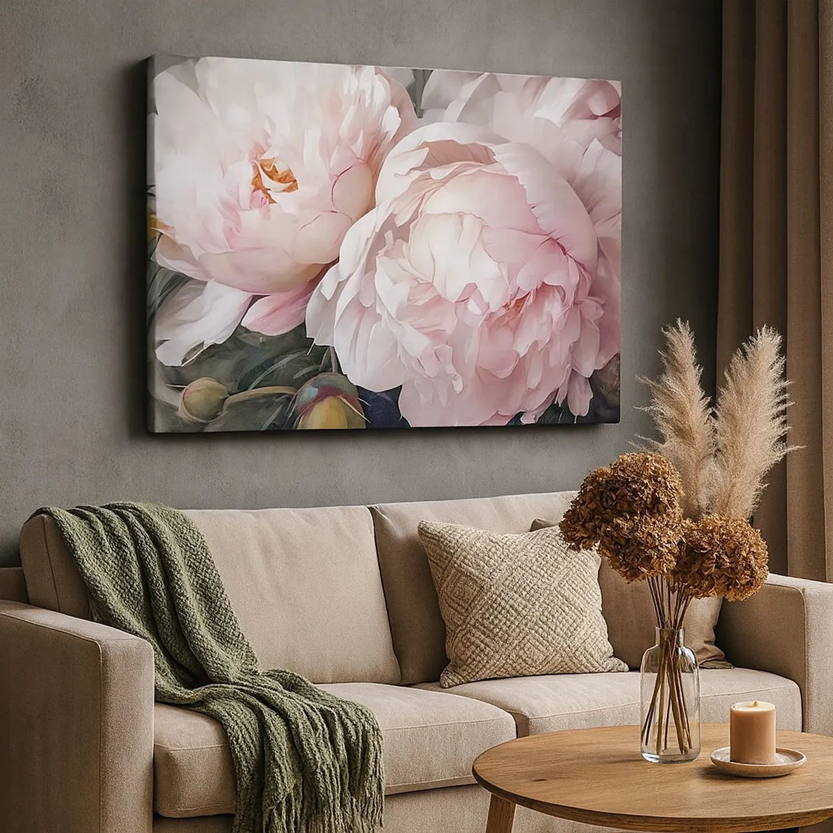 Tablou pe pânză Canvas - Bujori roz delicați în plină floare - 70x50cm - Oprit din înflorire - Decorațiune modernă pentru perete pentru living și dormitor ARTTOR