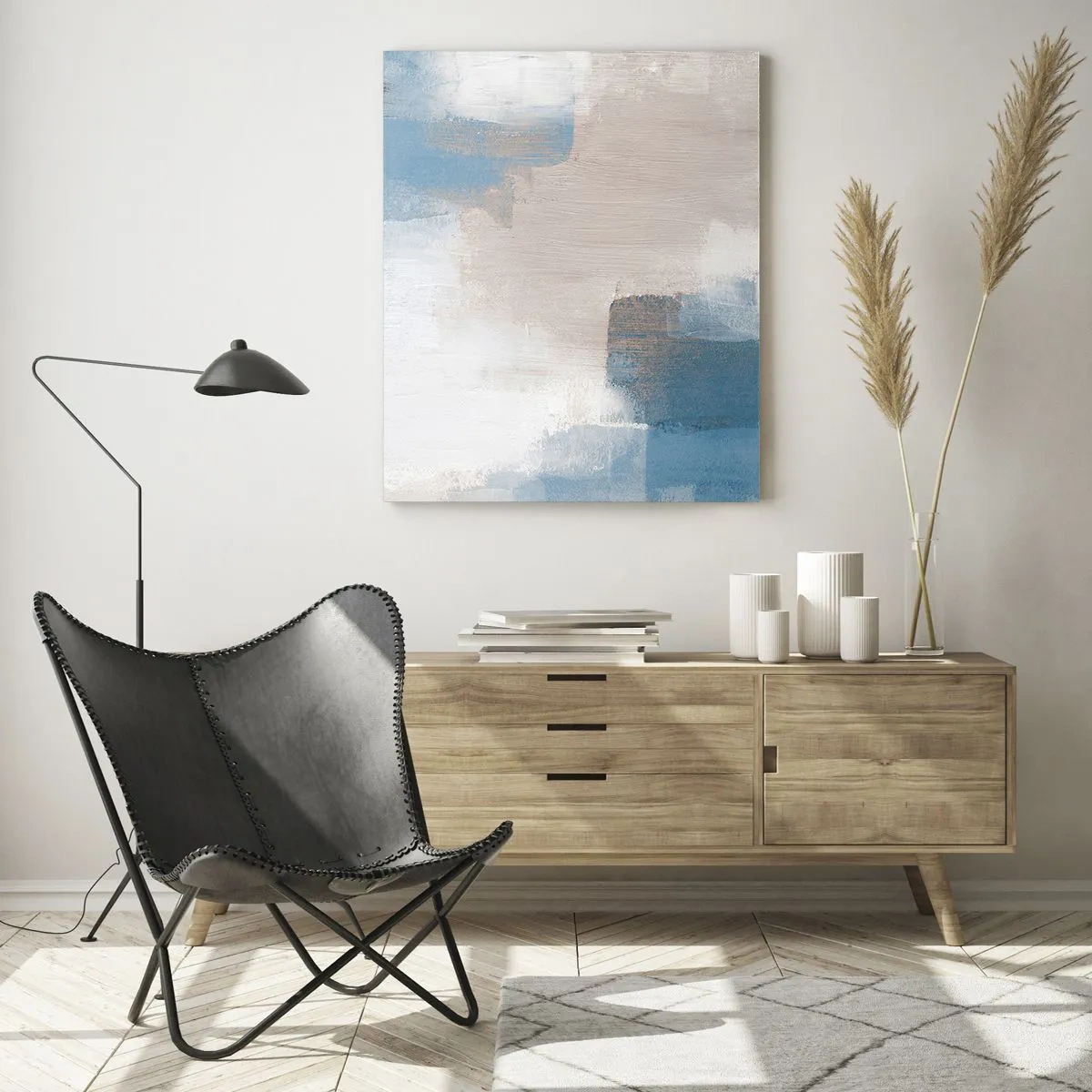 Tablou pe sticlă - Abstracție roz în spatele unui voal de albastru - 50x70 cm