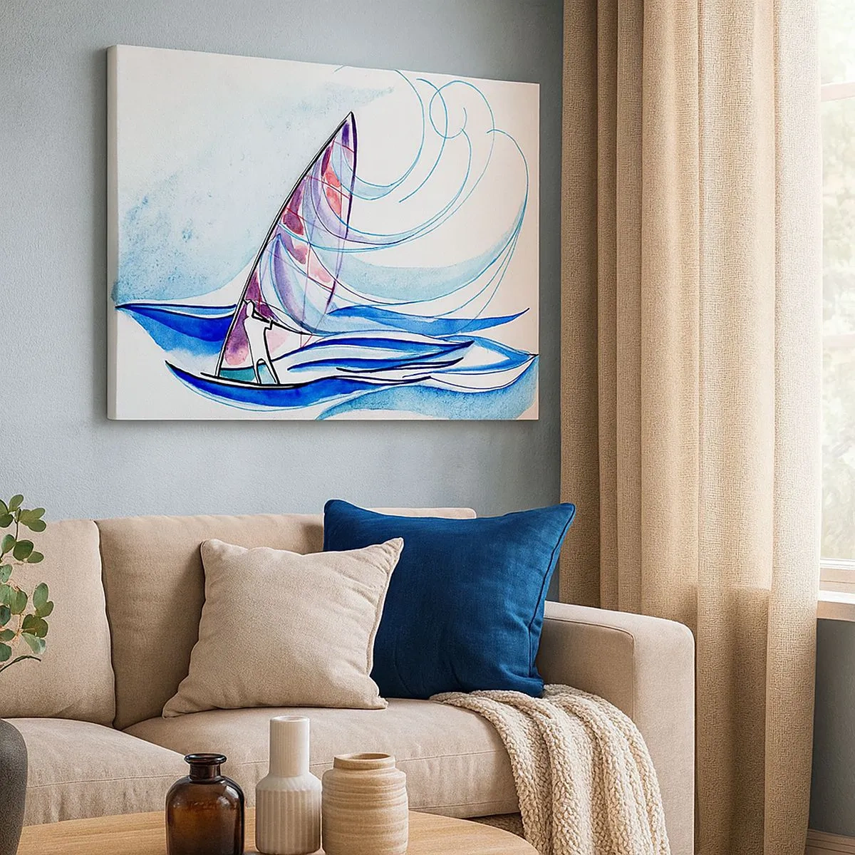 Tablou pe pânză Canvas - Un surfer călărind valurile într-o compoziție abstractă în acuarelă - 70x50cm - Cu vântul în ritmul valurilor - Decorațiune modernă pentru perete pentru living și dormitor ARTTOR