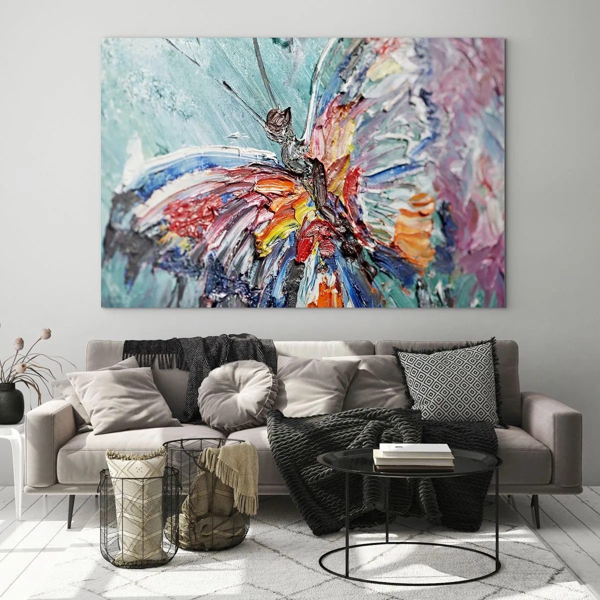 Tablou pe sticlă - Fluture colorat în stil abstract pe fundal albastru - 70x50cm - Pictat de natura - Decorațiune modernă pentru perete pentru living și dormitor ARTTOR