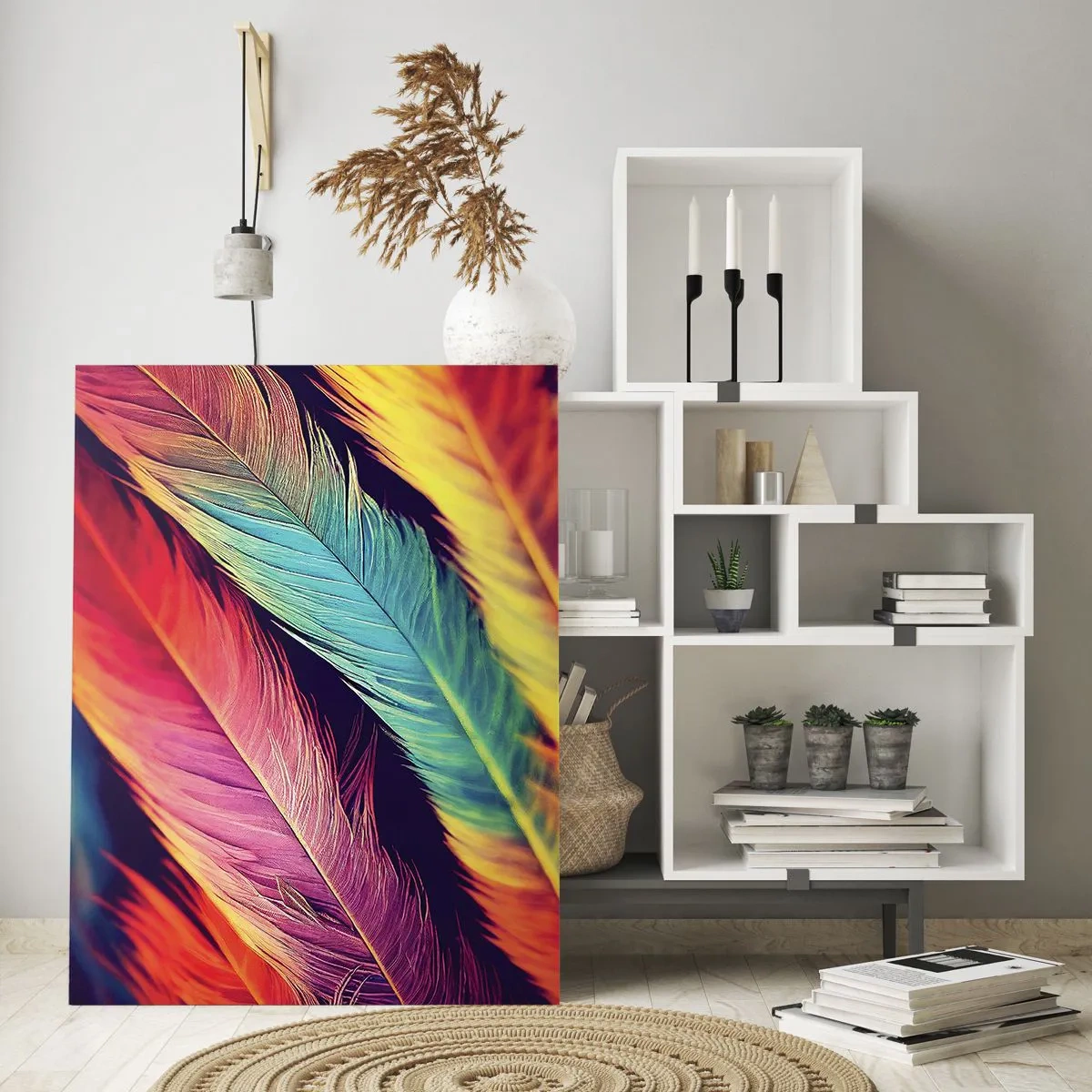 Tablou pe sticlă - Curcubeu cu pene - 50x70 cm