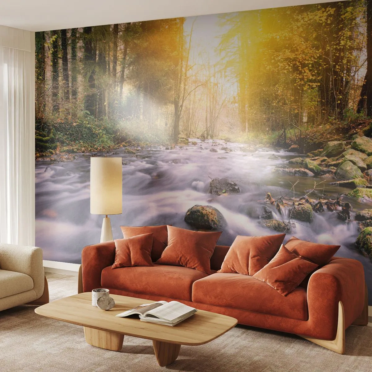 Tapet Premium Canvas - Malachit în rame de argint și aur - Peisaj, Pârâu de munte, pădure - 250x175 cm