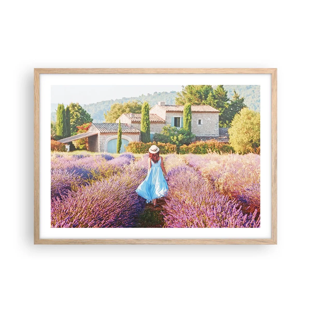 Poster în ramă de stejar deschis - Fata de lavandă - 70x50 cm