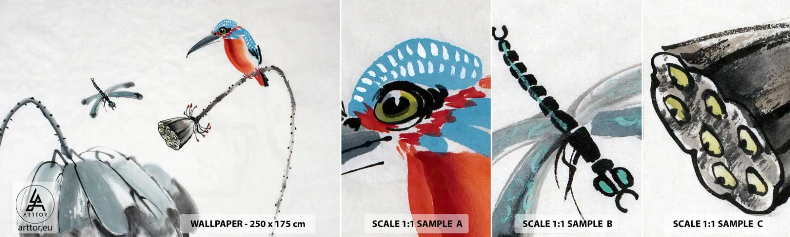 Mostră tapet autocolant Deluxe Sticker - Viața de pajiște - Abstracția, Pasăre, Floare - 100x30 cm