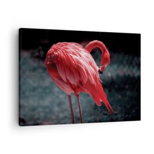 Tablou pe pânză Canvas - Un flamingo roz pe un fundal verde închis - 70x50cm - Poemul purpuriu al naturii - Decorațiune modernă pentru perete pentru living și dormitor ARTTOR