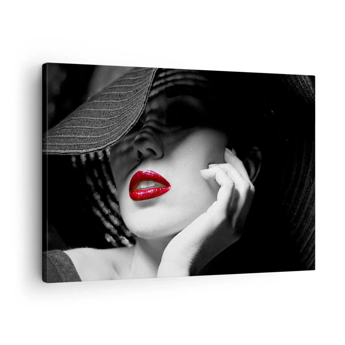 Tablou pe pânză Canvas - Portret alb-negru al unei femei cu buze roșii - 70x50cm - Studiu în stacojiu - Decorațiune modernă pentru perete pentru living și dormitor ARTTOR