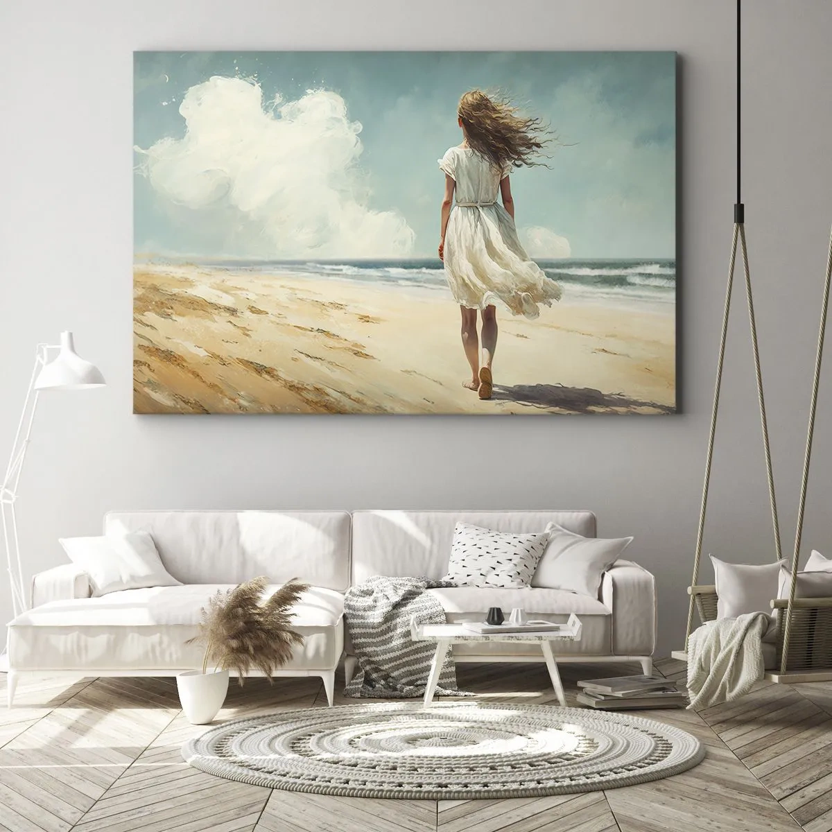 Tablou pe pânză Canvas - O femeie într-o rochie albă care se plimbă pe plajă într-o zi însorită - 70x50cm - Vreau să întâlnesc soarele și vântul - Decorațiune modernă pentru perete pentru living și dormitor ARTTOR
