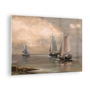 Tablou pe sticlă - Trei bărci cu pânze pe o mare calmă în culori pastelate - 70x50cm - Întoarcerea marinarilor - Decorațiune modernă pentru perete pentru living și dormitor ARTTOR