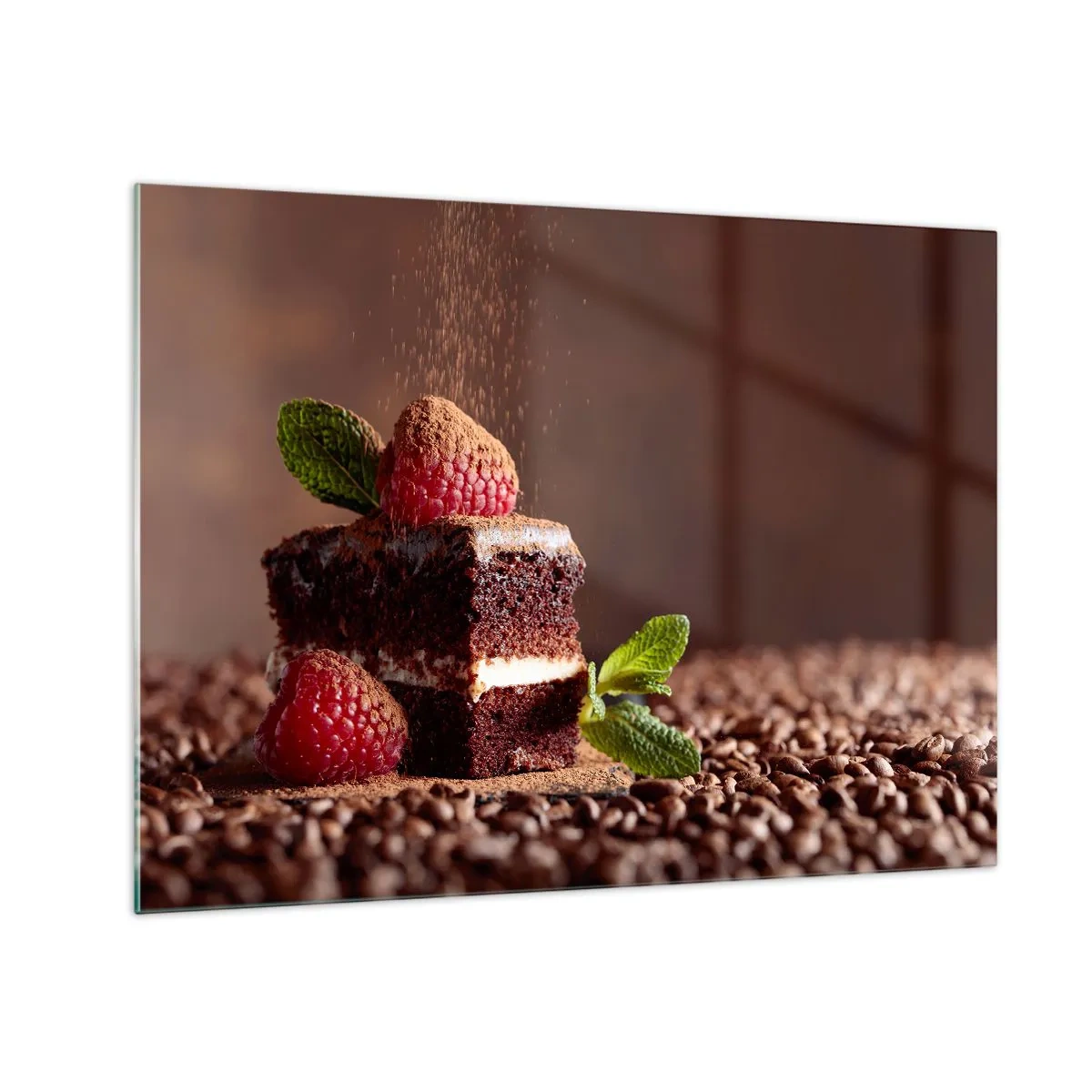 Tablou pe sticlă - Desert de ciocolată cu zmeură și frunze de mentă - 70x50cm - Viața este dulce - Decorațiune modernă pentru perete pentru living și dormitor ARTTOR