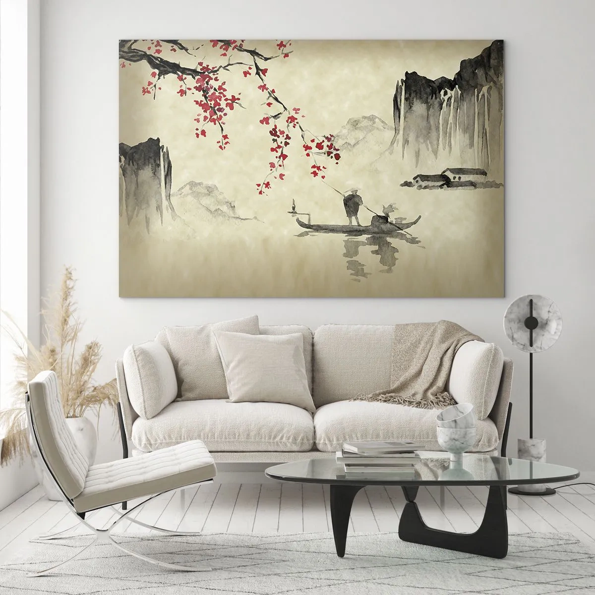 Tablou pe sticlă - Scenă de pescuit orientală cu ramură de floare de cireș și munți - 70x50cm - În țara florilor de cireș - Decorațiune modernă pentru perete pentru living și dormitor ARTTOR