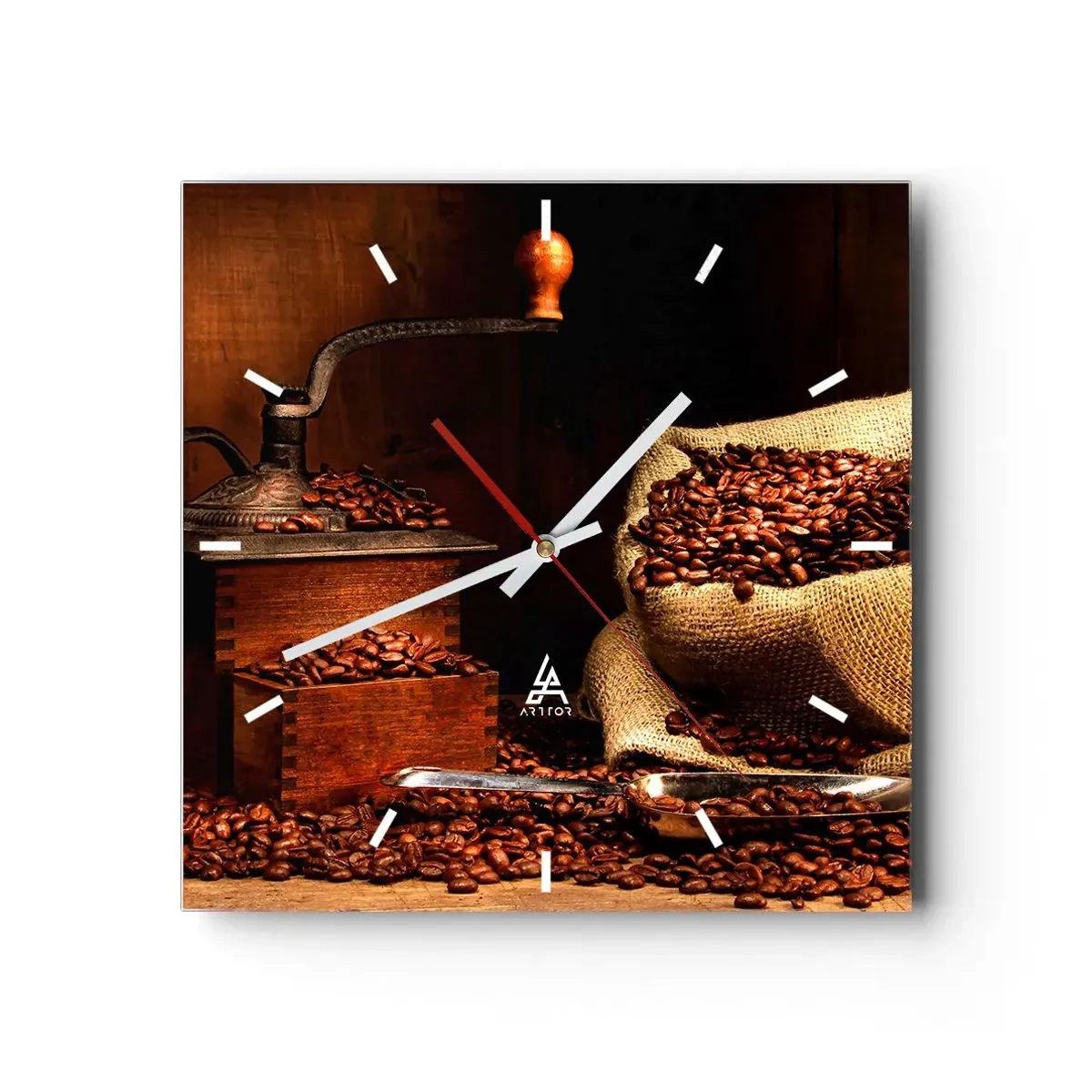 Ceas de perete - Ceas pe sticlă - Natură moartă cu boabe de cafea și măcinător - 30x30 cm