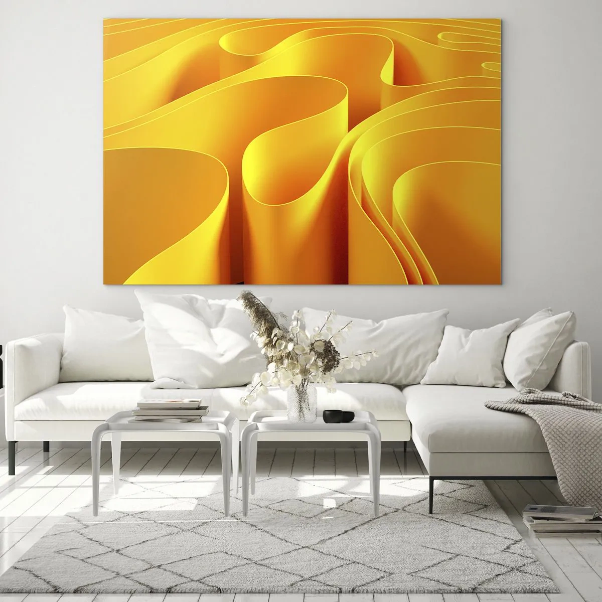 Tablou pe sticlă - Valuri abstracte în nuanțe de auriu și portocaliu - 70x50cm - Ca niște valuri de soare - Decorațiune modernă pentru perete pentru living și dormitor ARTTOR
