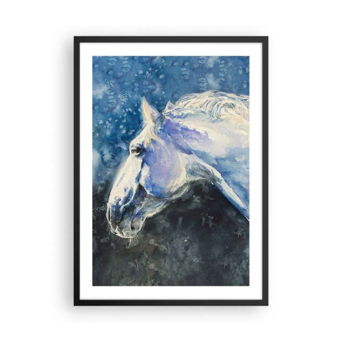 Poster în ramă neagră - Portretul unui cal în tonuri albastre de acuarelă - 50x70cm - Portret într-o strălucire albastră - Decorațiune modernă pentru perete pentru living și dormitor ARTTOR