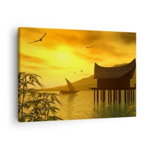 Tablou pe pânză Canvas - Apus de soare tropical peste apă cu o casă din lemn pe piloni. - 70x50cm - Pacea dorită - Decorațiune modernă pentru perete pentru living și dormitor ARTTOR