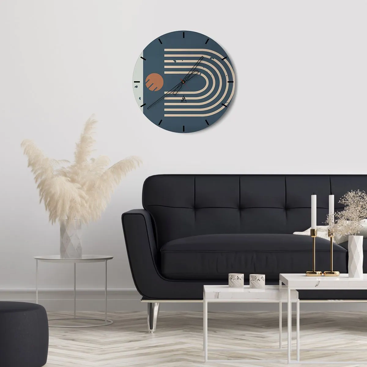 Ceas de perete - Ceas pe sticlă - Model geometric abstract în nuanțe de albastru marin și bej - 30x30cm - Geometrie în funcție de rodie - Decorațiune modernă pentru perete pentru living, bucătărie și dormitor ARTTOR