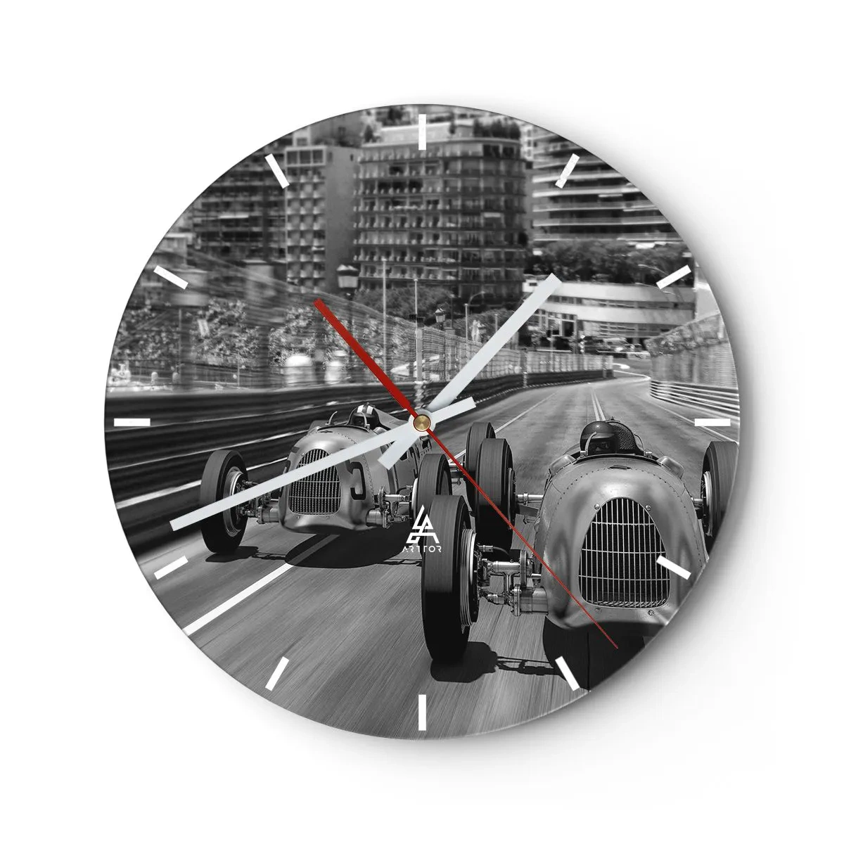 Ceas de perete - Ceas pe sticlă - Cursă de mașini de epocă pe străzile din Monte Carlo - 30x30cm - A fost odată ca niciodată în Monte Carlo - Decorațiune modernă pentru perete pentru living, bucătărie și dormitor ARTTOR