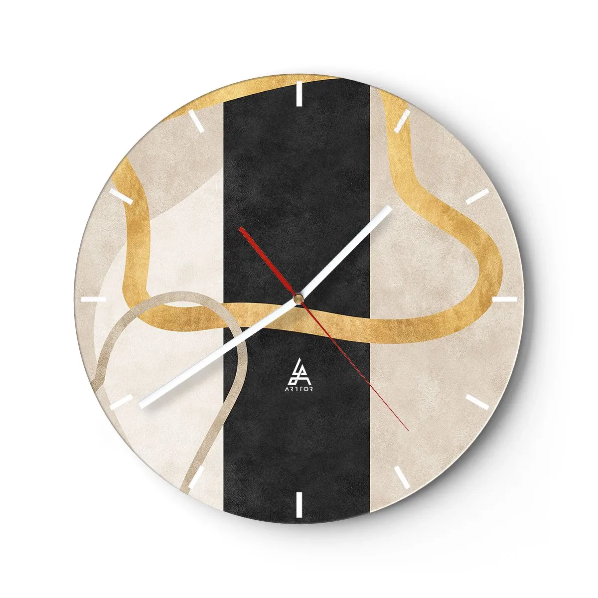 Ceas de perete - Ceas pe sticlă - Linii aurii pe o dungă neagră și forme bej - 30x30cm - Forme înbuclite - Decorațiune modernă pentru perete pentru living, bucătărie și dormitor ARTTOR