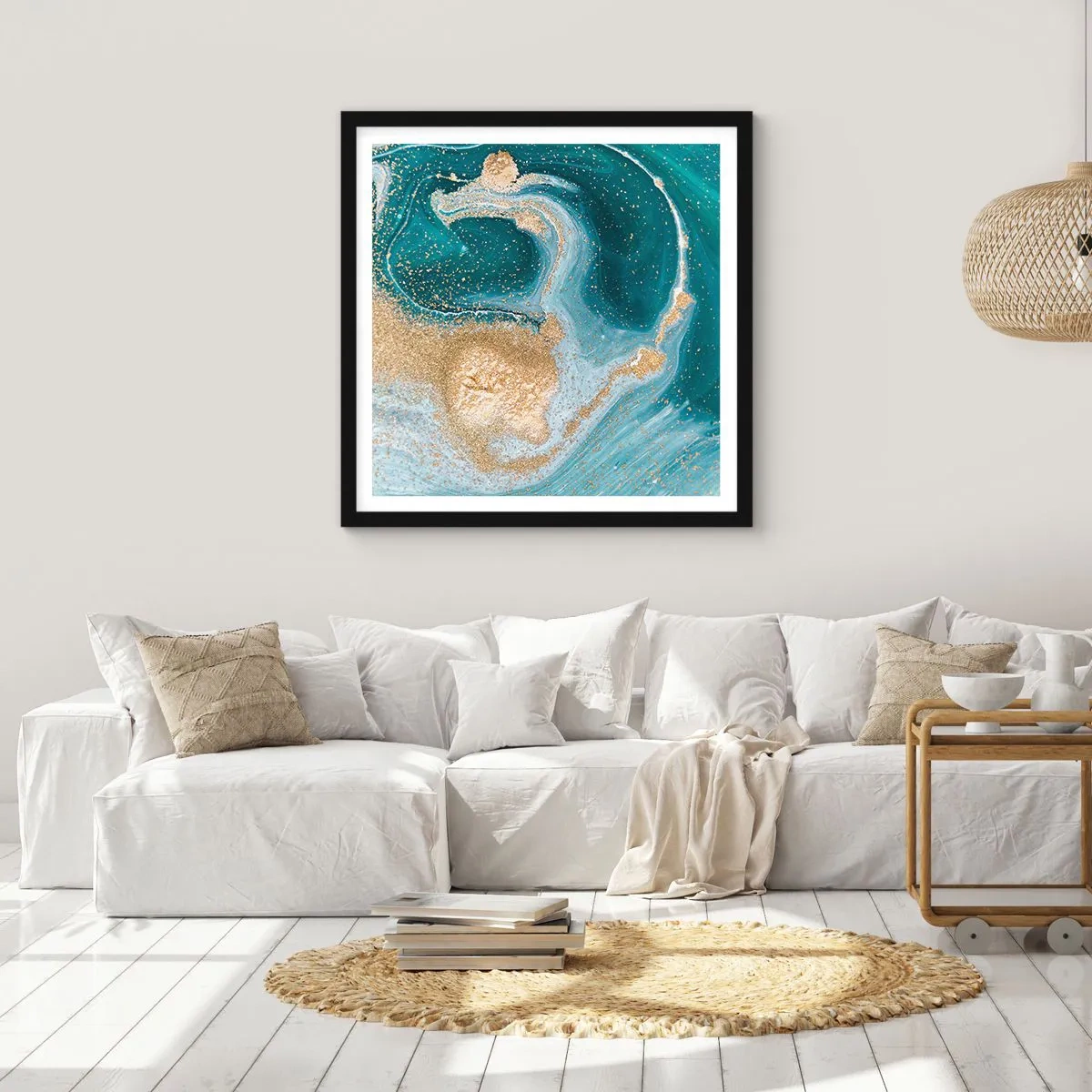 Poster în ramă neagră - Vârtej de aur și turcoaz - 60x60 cm