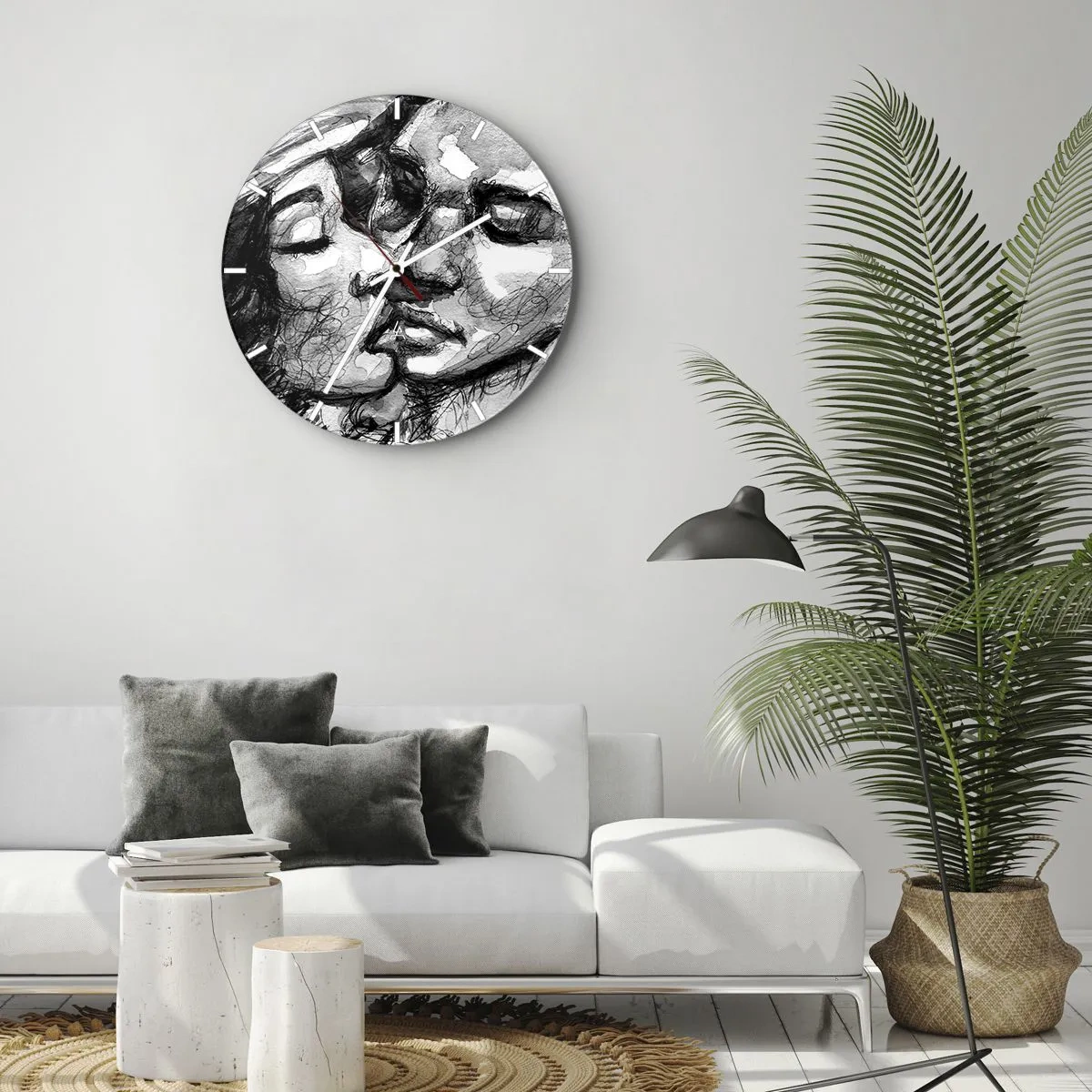 Ceas de perete - Ceas pe sticlă - Schiță alb-negru a unui cuplu sărutător - 30x30cm - Un moment de tandrețe - Decorațiune modernă pentru perete pentru living, bucătărie și dormitor ARTTOR