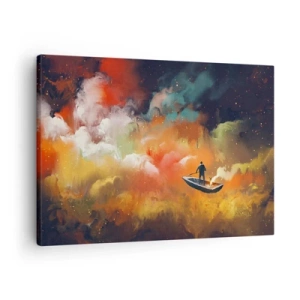 Tablou pe pânză Canvas - O figură într-o barcă pe un fundal de nori colorați - 70x50cm - Cu barca prin galaxie - Decorațiune modernă pentru perete pentru living și dormitor ARTTOR