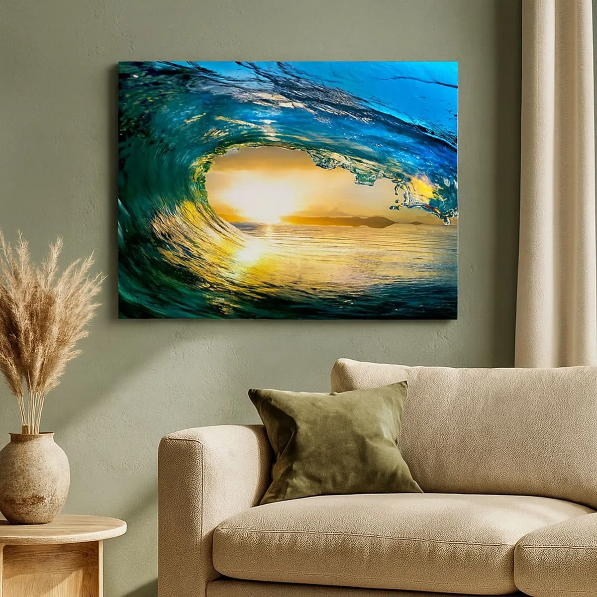 Tablou pe pânză Canvas - Valuri oceanice la soare cu vedere la orizont - 70x50cm - În cristal de aur și smarald - Decorațiune modernă pentru perete pentru living și dormitor ARTTOR