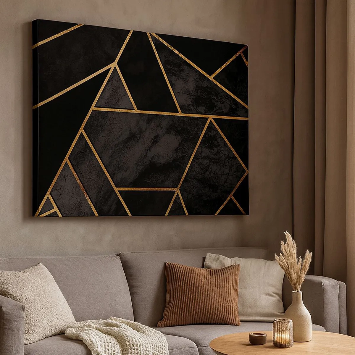 Tablou pe pânză Canvas - Model geometric auriu pe fundal negru - 70x50cm - Întuneric și lumină - Decorațiune modernă pentru perete pentru living și dormitor ARTTOR