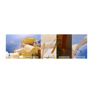 Mostră tapet Premium Sand - Peisaj grecesc în alb și albastru - Peisaj, Santorini, Grecia - 100x30 cm