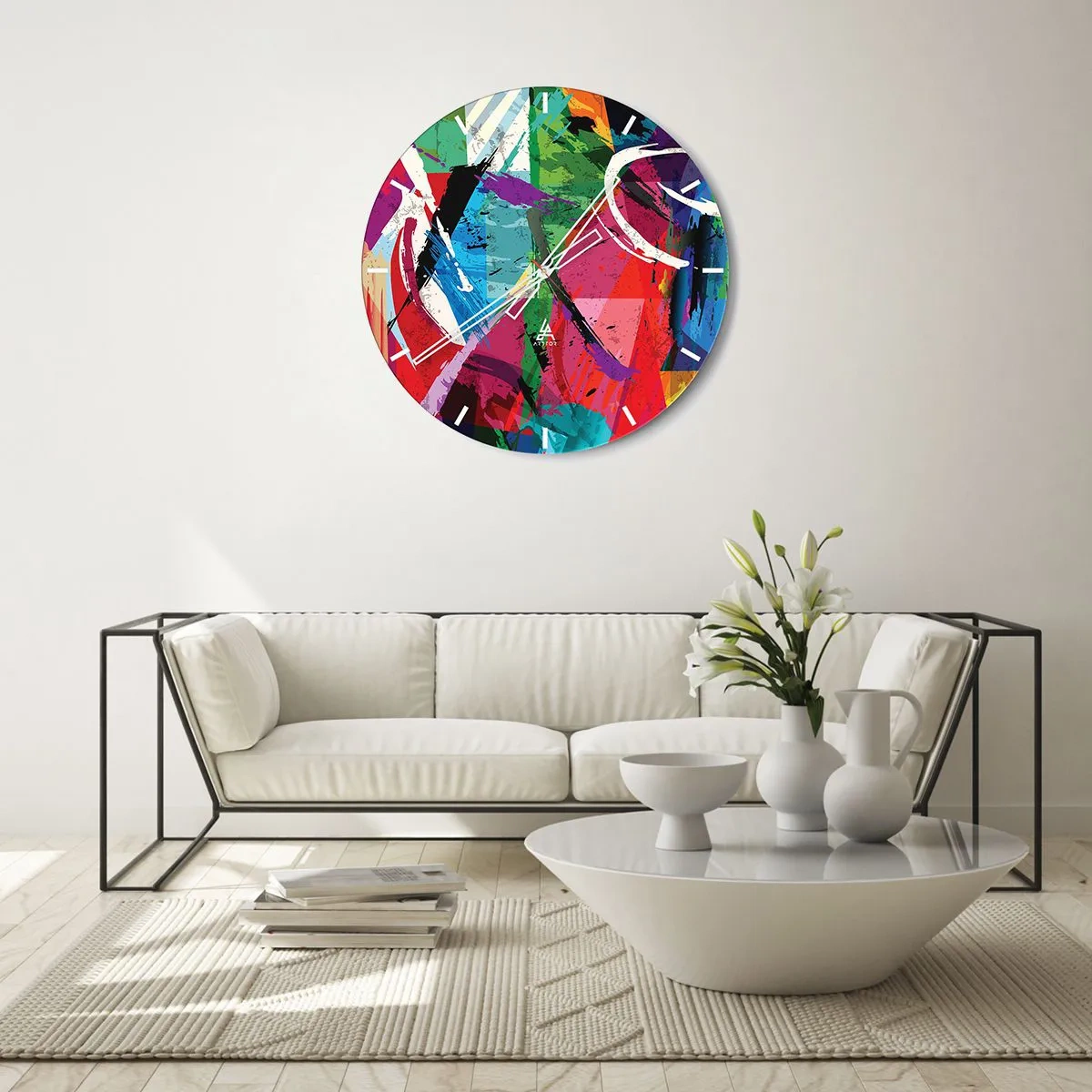 Ceas de perete - Ceas pe sticlă - Un model abstract cu culori intense și linii dinamice. - 30x30cm - Rapid, vioi și plin de viață - Decorațiune modernă pentru perete pentru living, bucătărie și dormitor ARTTOR