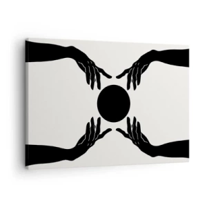 Tablou pe pânză Canvas - Mâini negre într-o compoziție simetrică cu o minge - 70x50cm - Semnul secret - Decorațiune modernă pentru perete pentru living și dormitor ARTTOR