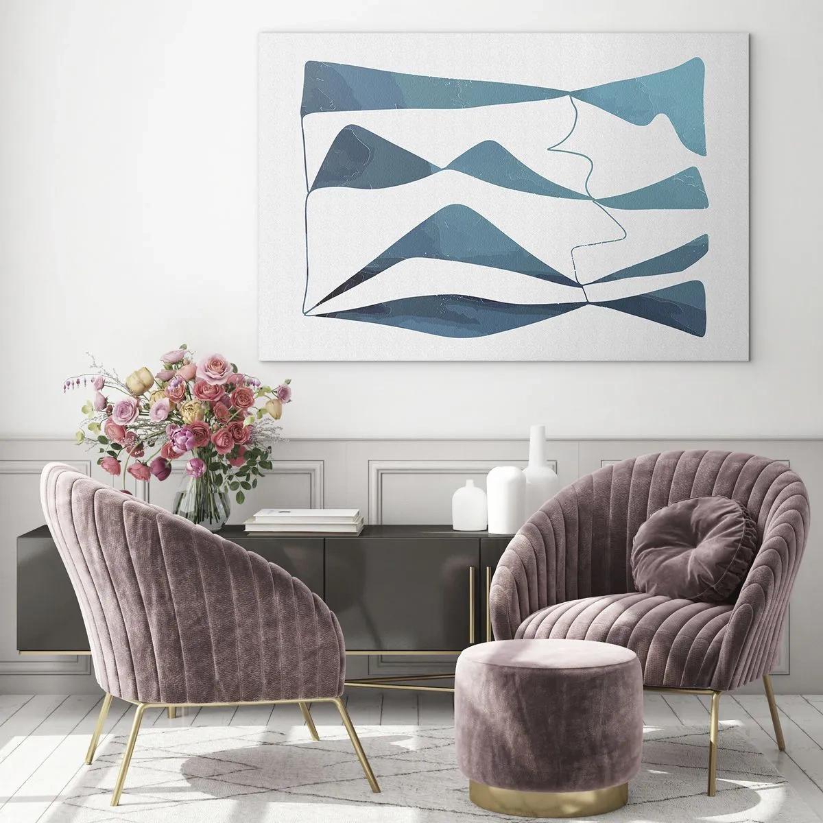 Tablou pe sticlă - Valuri și forme turcoaz pe fundal alb - 70x50cm - Abstracție: relație turcoaz - Decorațiune modernă pentru perete pentru living și dormitor ARTTOR
