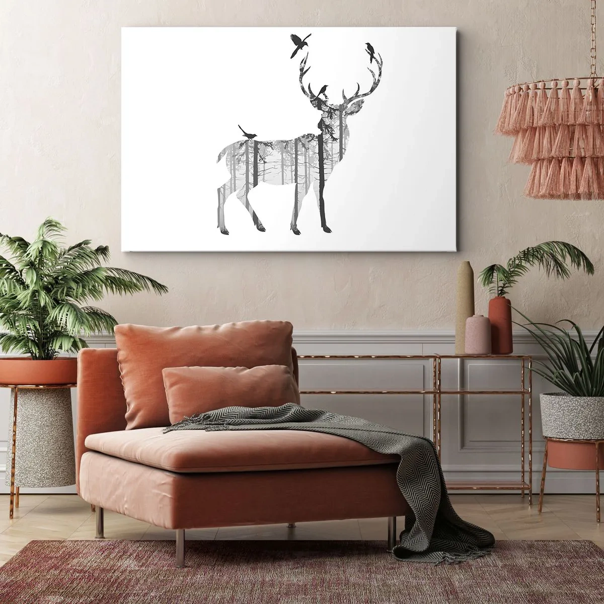 Tablou pe pânză Canvas - Silueta unui cerb cu pădure și păsări - 70x50cm - Spiritul bun al pădurii - Decorațiune modernă pentru perete pentru living și dormitor ARTTOR