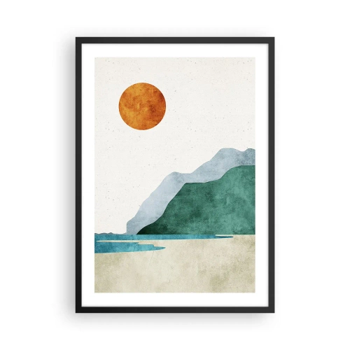 Poster în ramă neagră - Peisaj montan minimalist cu plajă și soare - 50x70cm - Peisaj așa cum ar trebui să fie - Decorațiune modernă pentru perete pentru living și dormitor ARTTOR